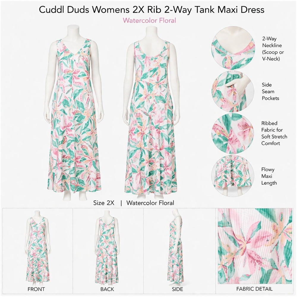 Cuddl Duds‎ Womens 2X Rib 2-Way Tank Maxi Dress Watercolor Floral NWOT)